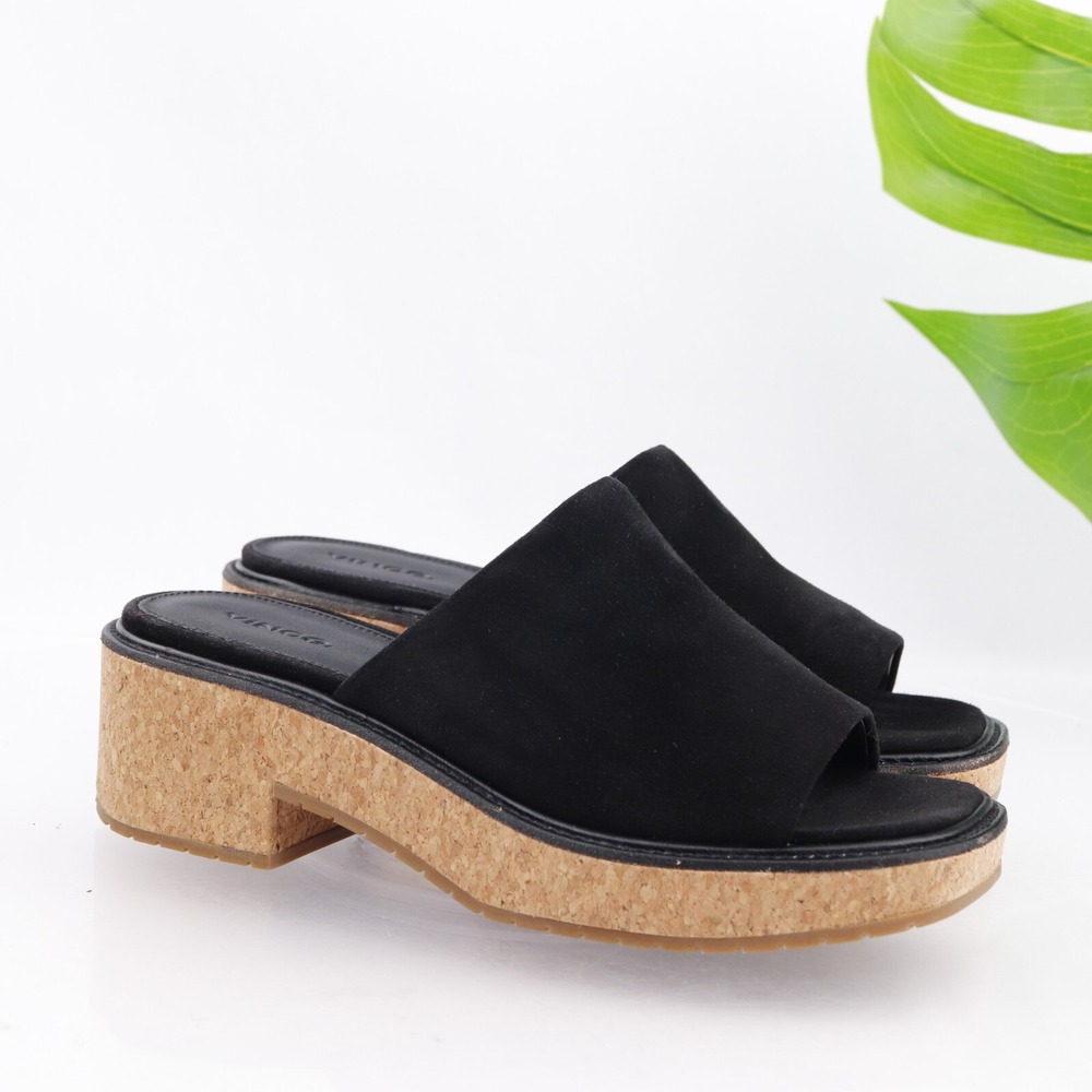 Vince Womens Maddy Sandals Size 8.5 Black Slide Cork Block Heel Platform Shoes